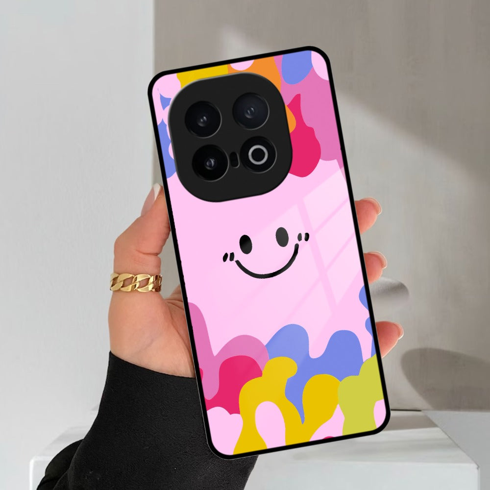 Cute Pink Smiley Multicolor Glass Case For iQOO