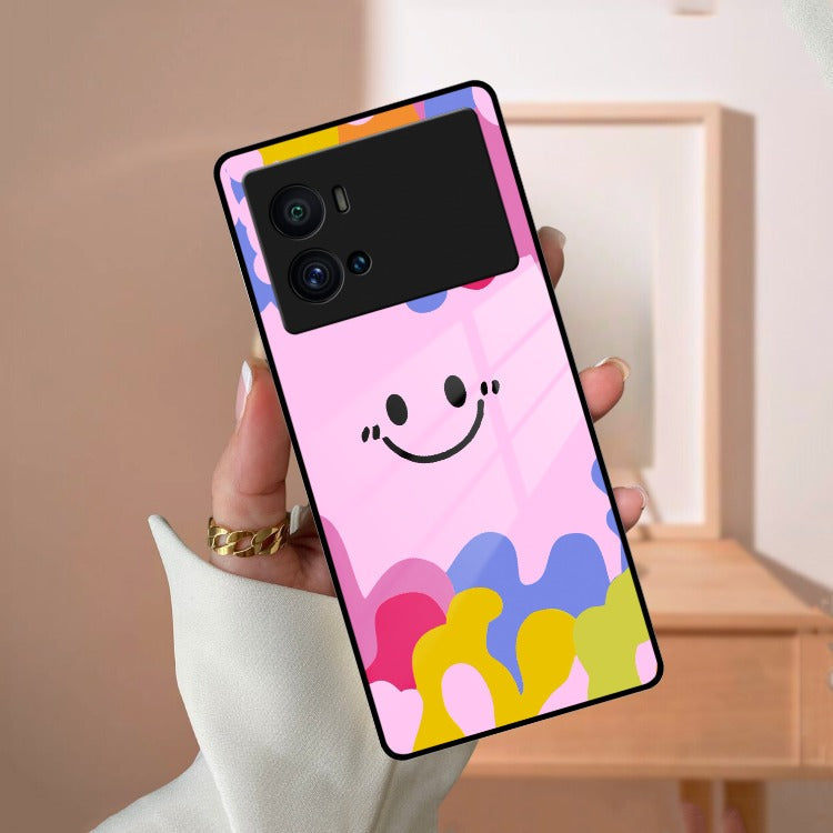 Cute Pink Smiley Multicolor Glass Case For iQOO