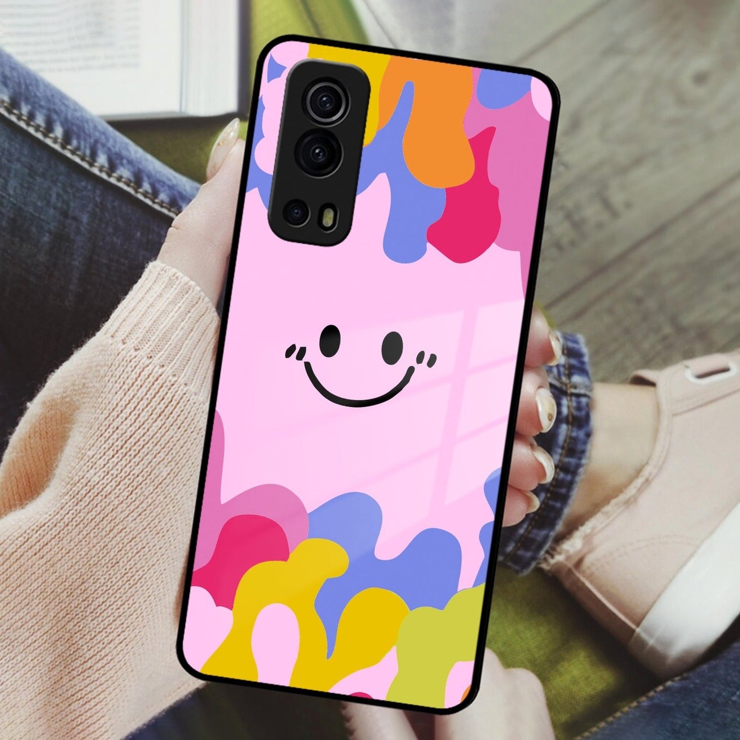 Cute Pink Smiley Multicolor Glass Case For iQOO