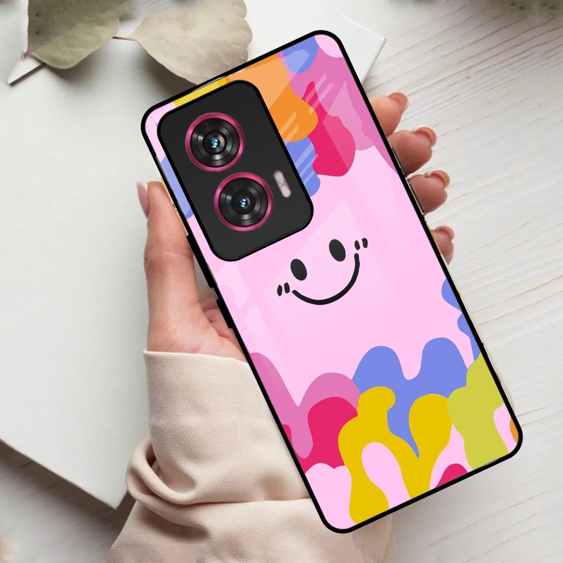Cute Pink Smiley Multicolor Glass Case For Motorola - ShopOnCliQ