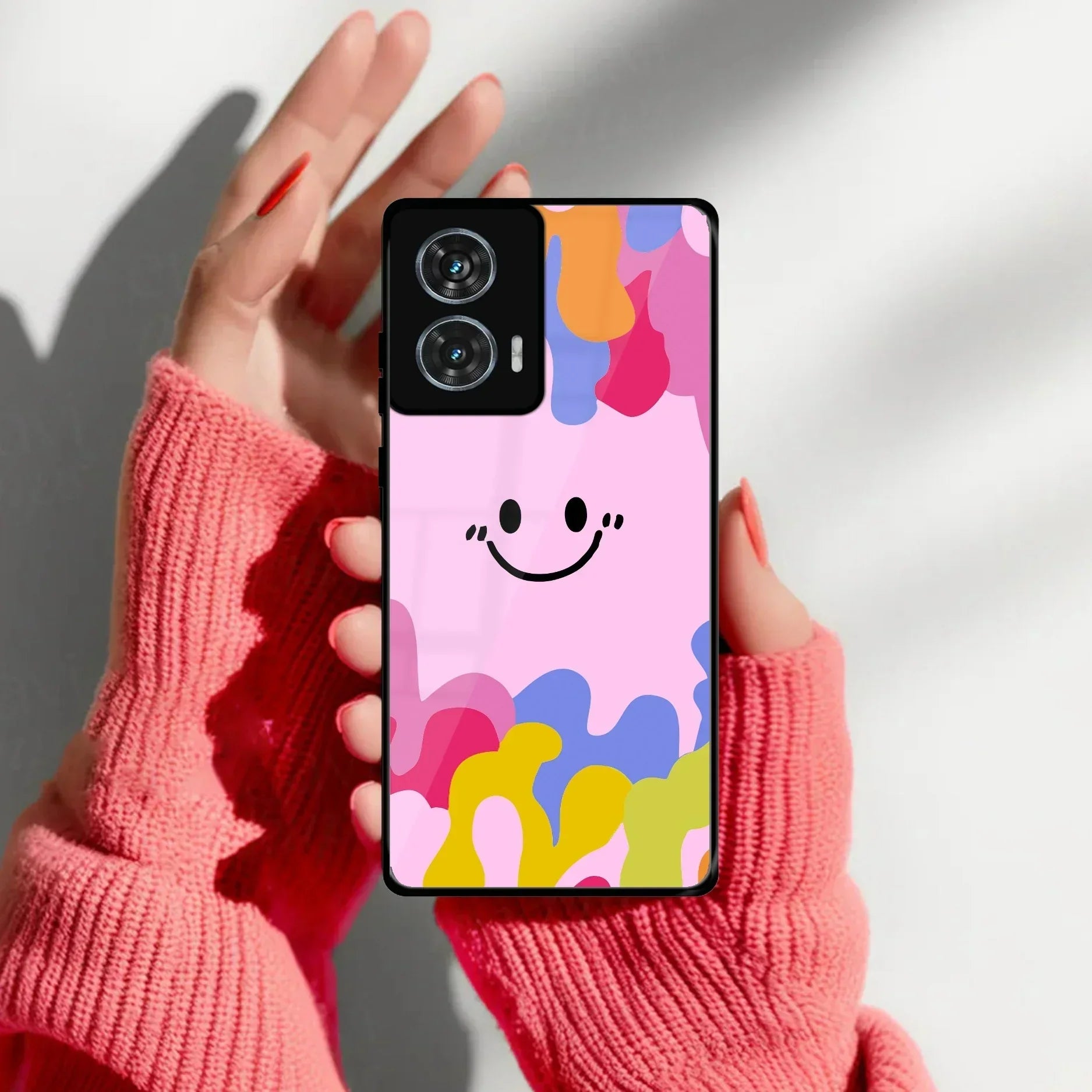 Cute Pink Smiley Multicolor Glass Case For Motorola - ShopOnCliQ