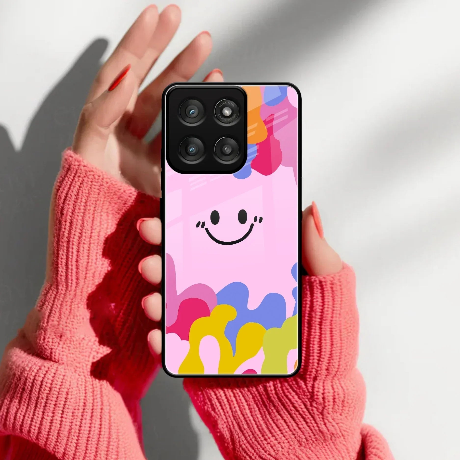 Cute Pink Smiley Multicolor Glass Case For Motorola - ShopOnCliQ