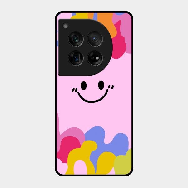 Cute Pink Smiley Multicolor Glass Case For Oneplus 12 5G