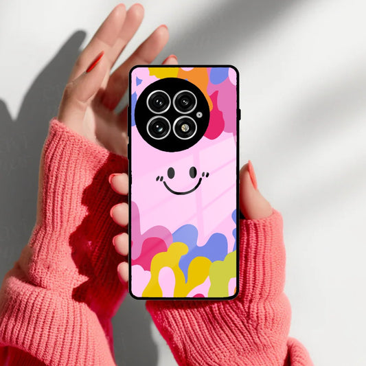 Cute Pink Smiley Multicolor Glass Case For OnePlus