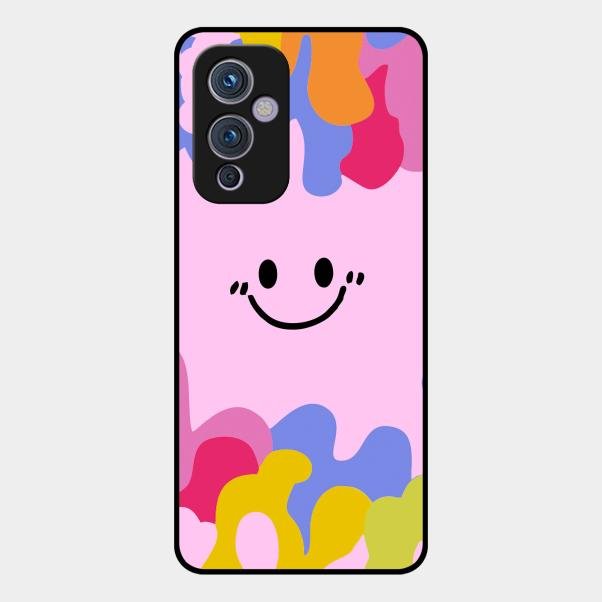 Cute Pink Smiley Multicolor Glass Case For Oneplus 9 5G