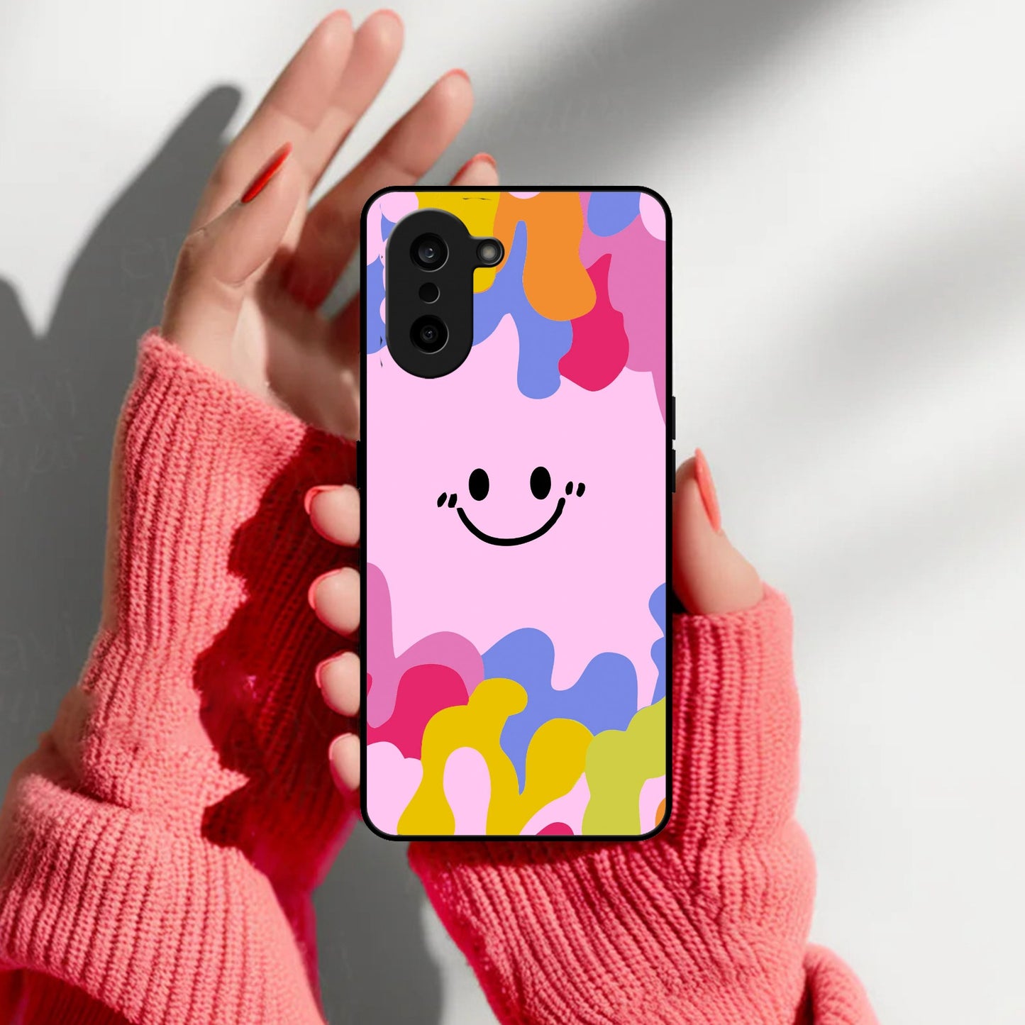 Cute Pink Smiley Multicolor Glass Case For OnePlus