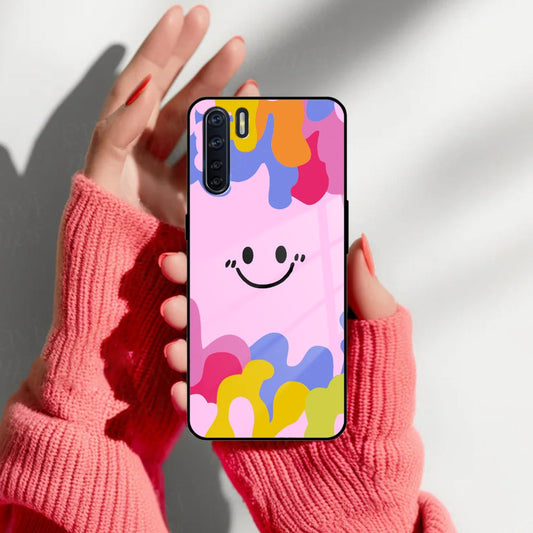 Cute Pink Smiley Multicolor Glass Case For Oppo