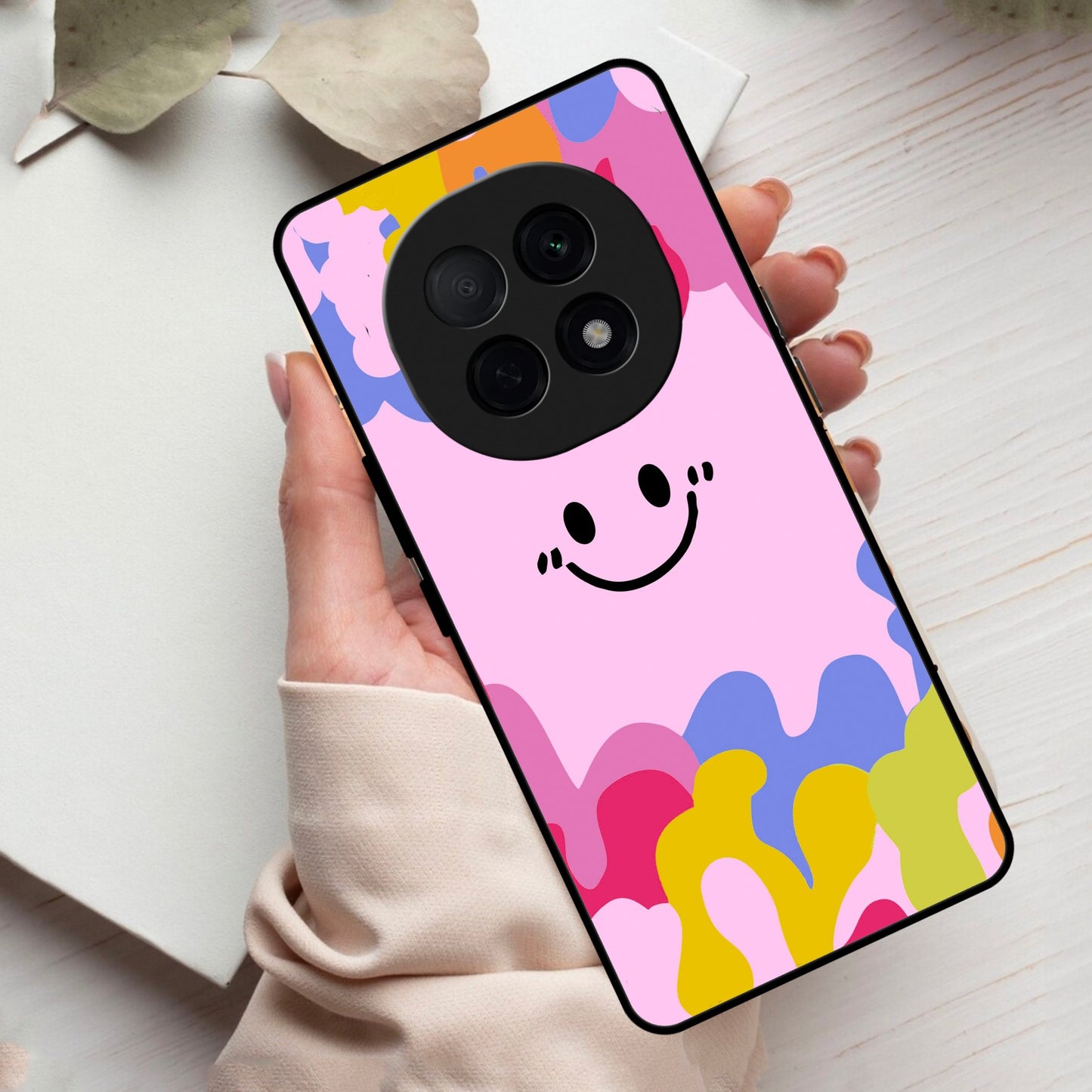 Cute Pink Smiley Multicolor Glass Case For Oppo