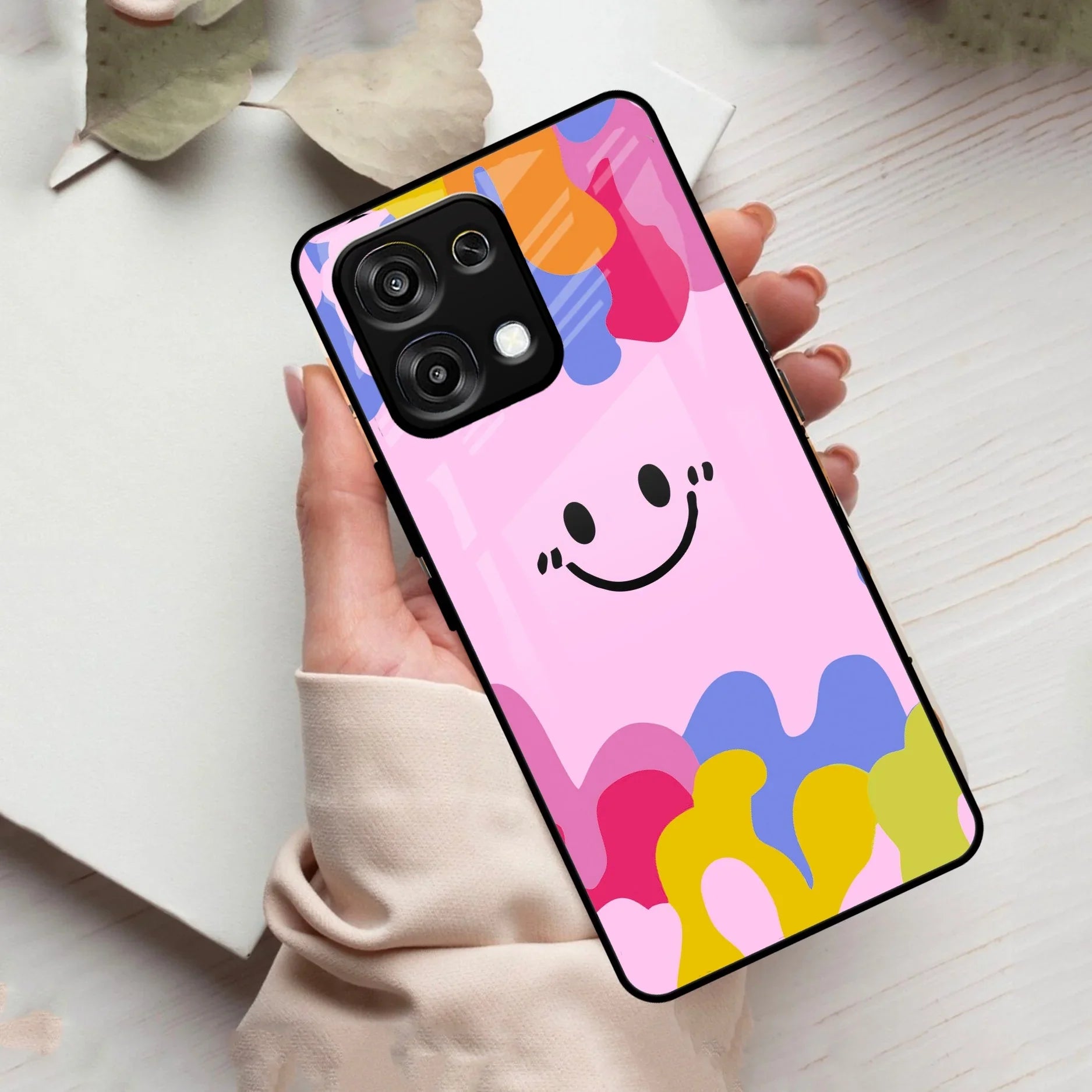 Cute Pink Smiley Multicolor Glass Case For Oppo