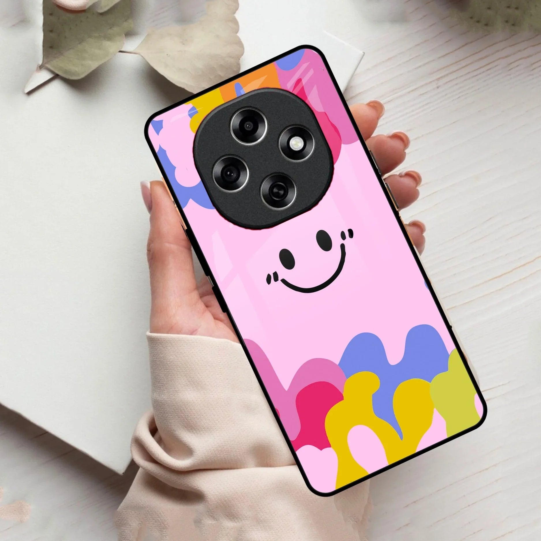 Cute Pink Smiley Multicolor Glass Case For Oppo