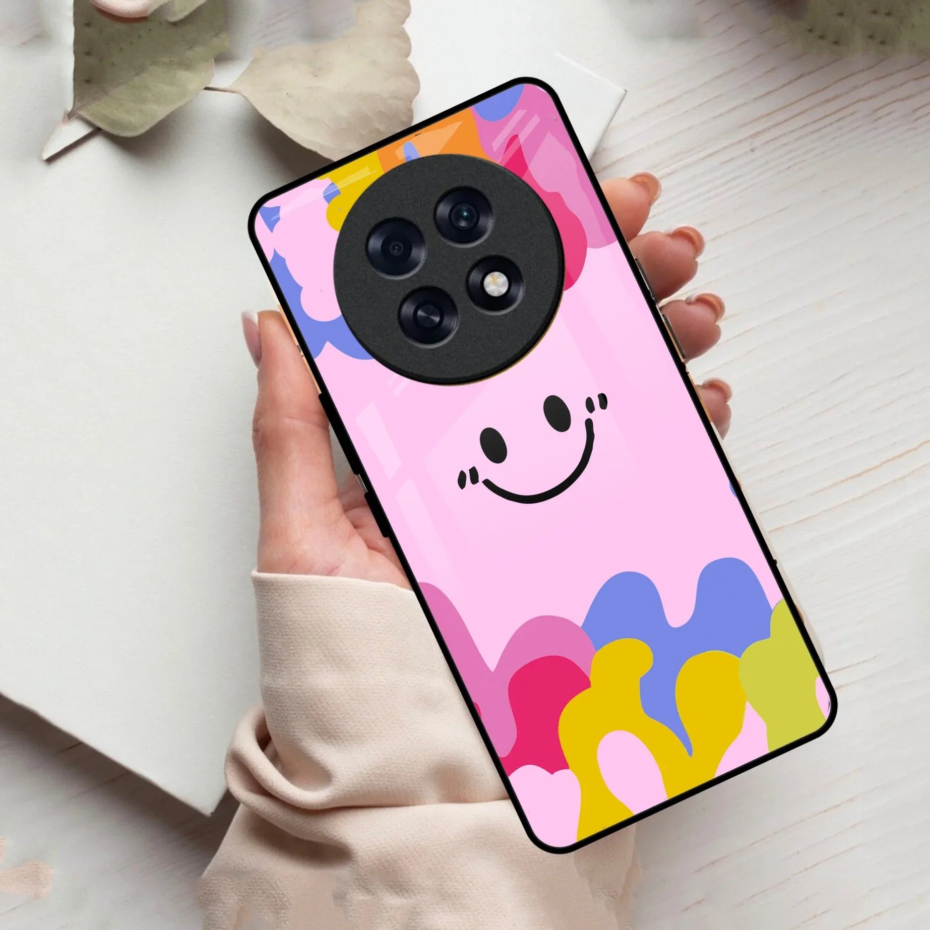 Cute Pink Smiley Multicolor Glass Case For Oppo