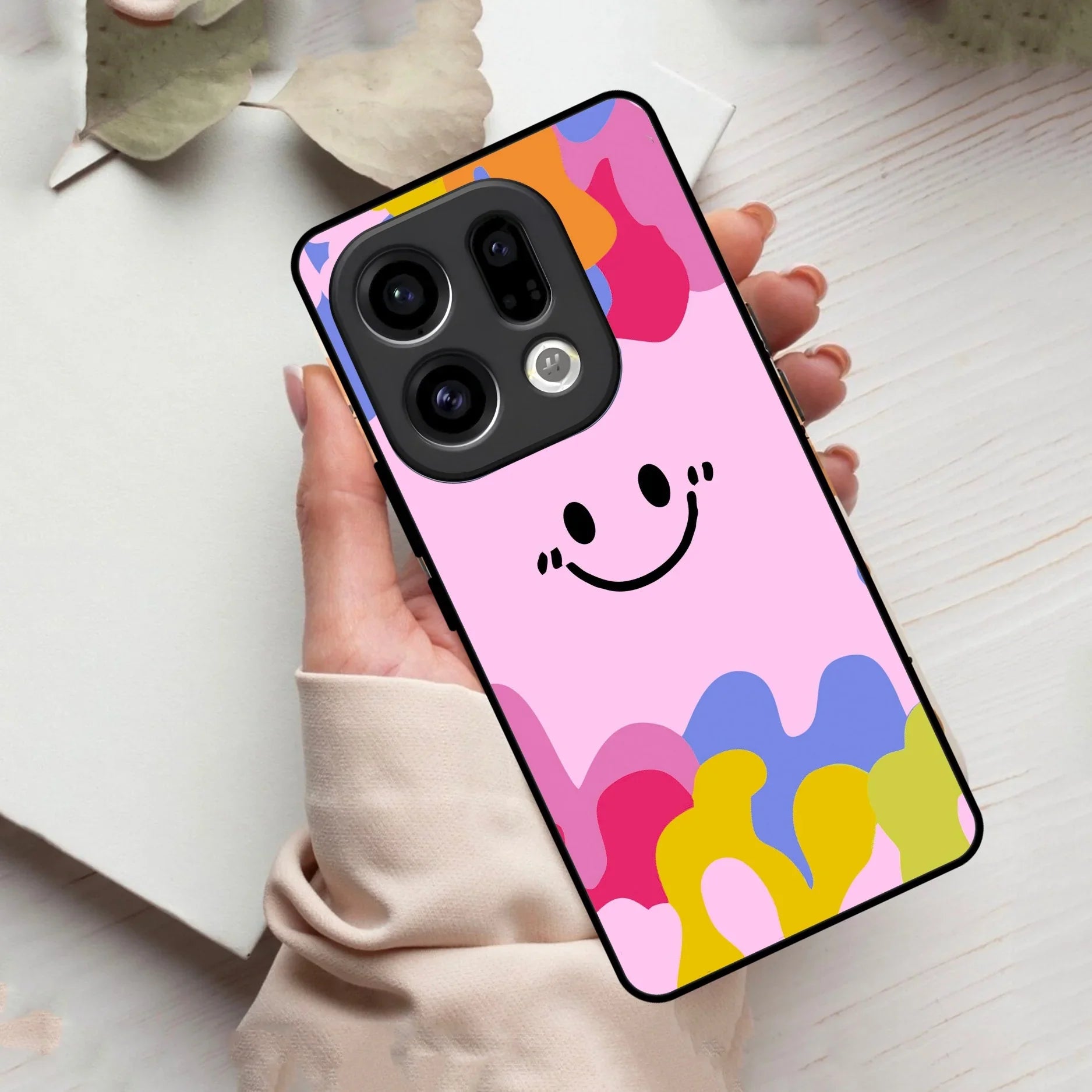 Cute Pink Smiley Multicolor Glass Case For Oppo