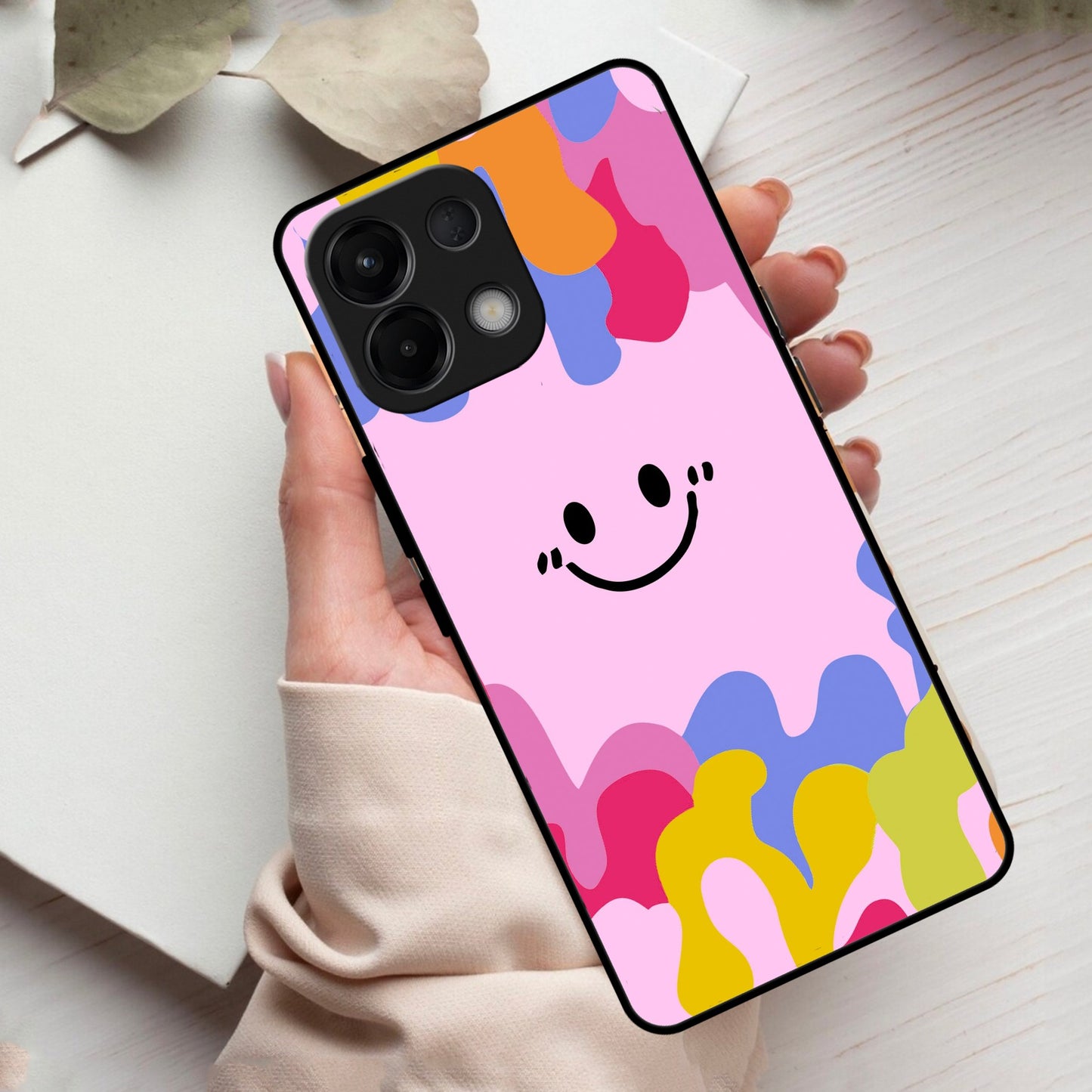 Cute Pink Smiley Multicolor Glass Case For Oppo