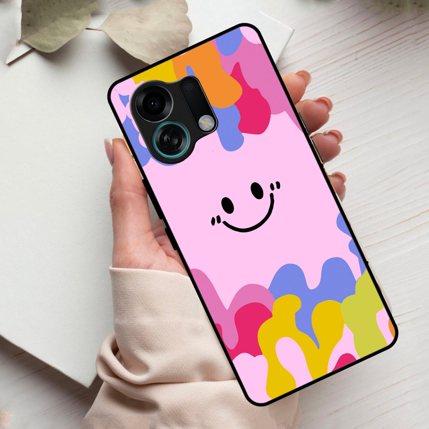 Cute Pink Smiley Multicolor Glass Case For Oppo
