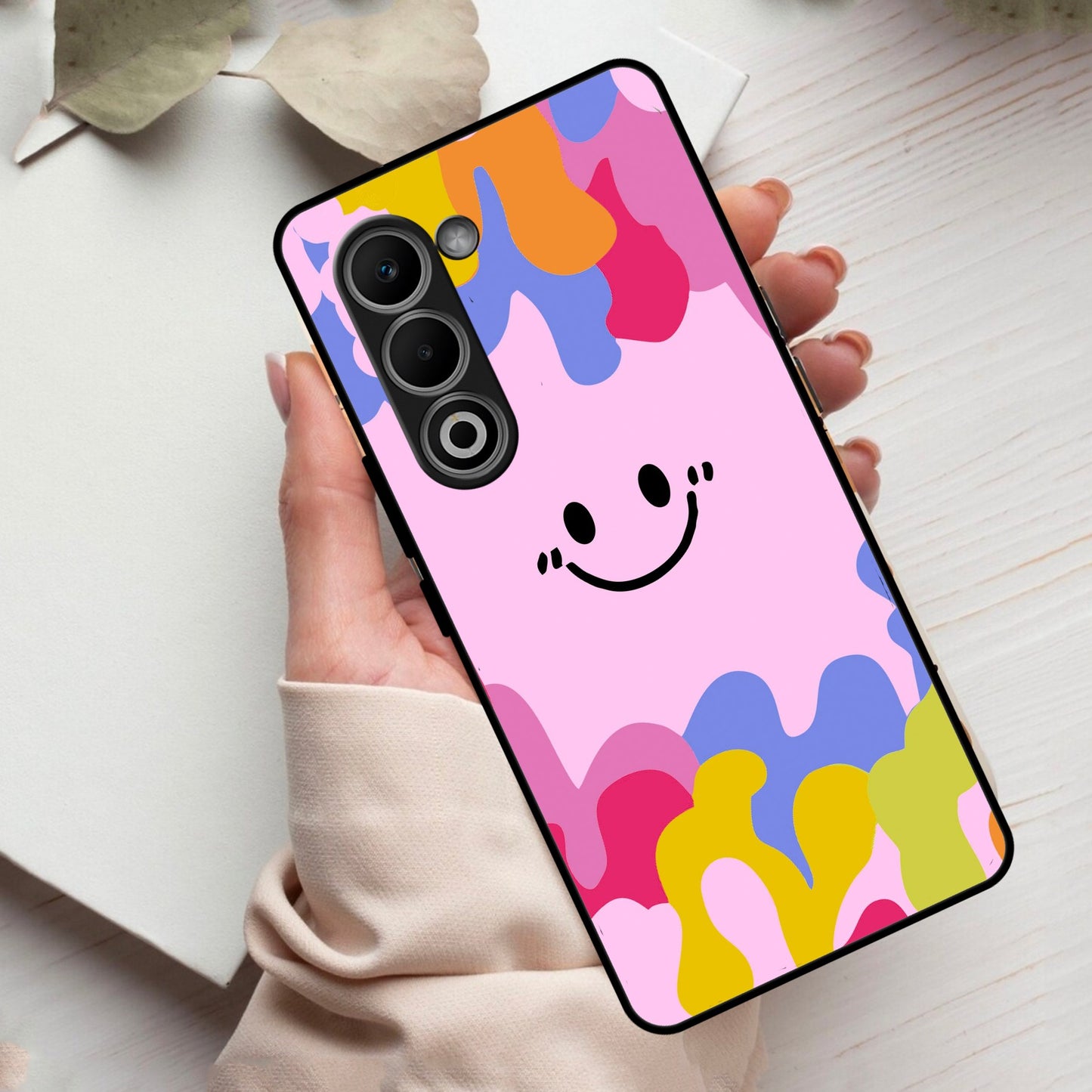 Cute Pink Smiley Multicolor Glass Case For Oppo