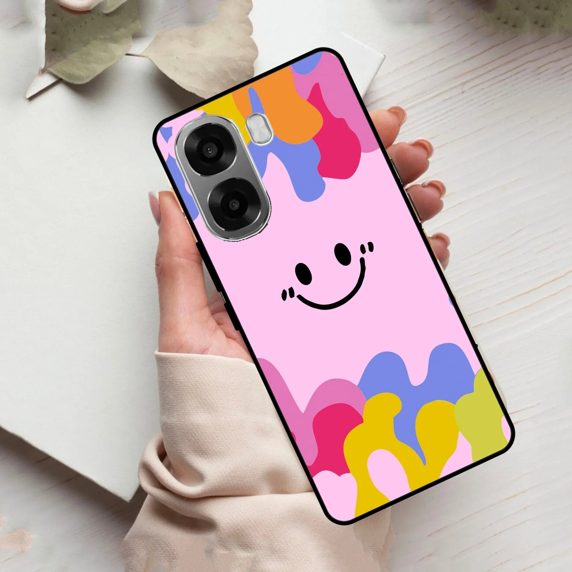 Cute Pink Smiley Multicolor Glass Case For Oppo