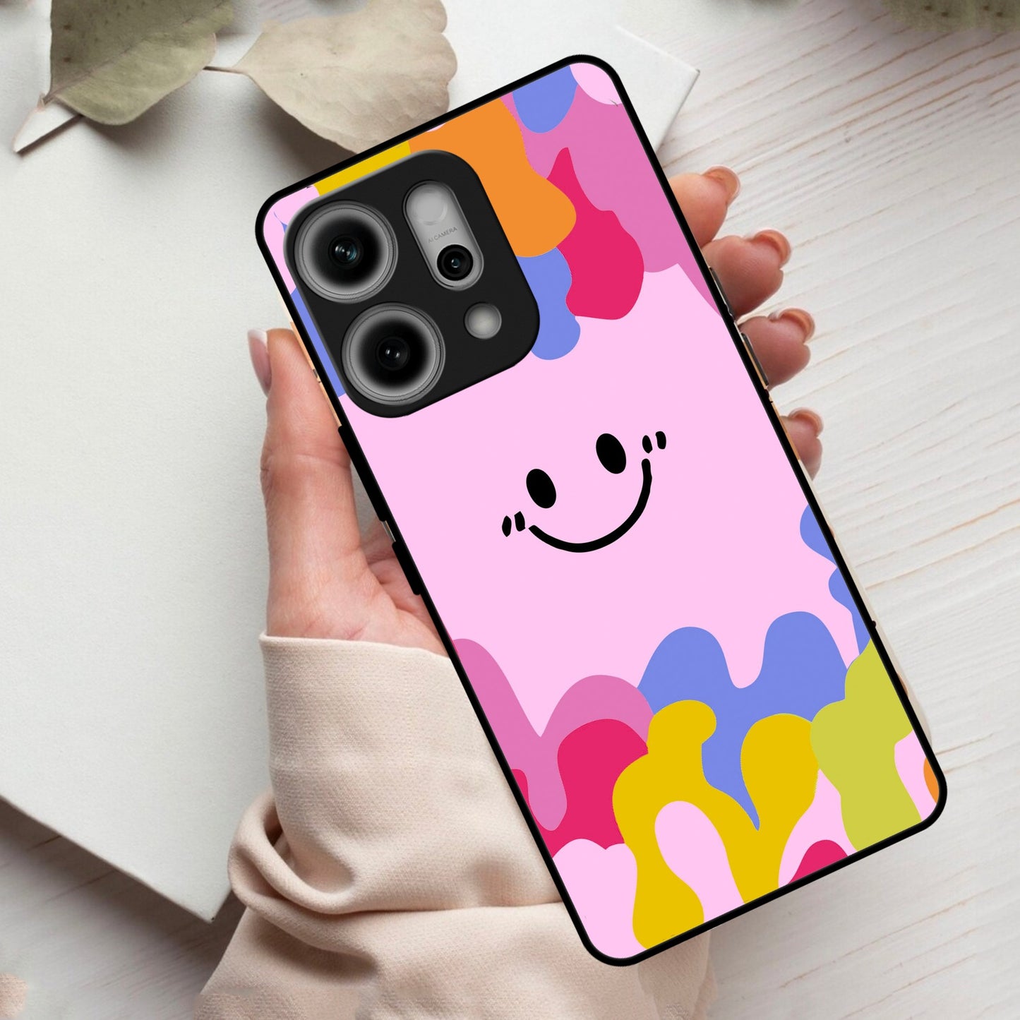 Cute Pink Smiley Multicolor Glass Case For Oppo