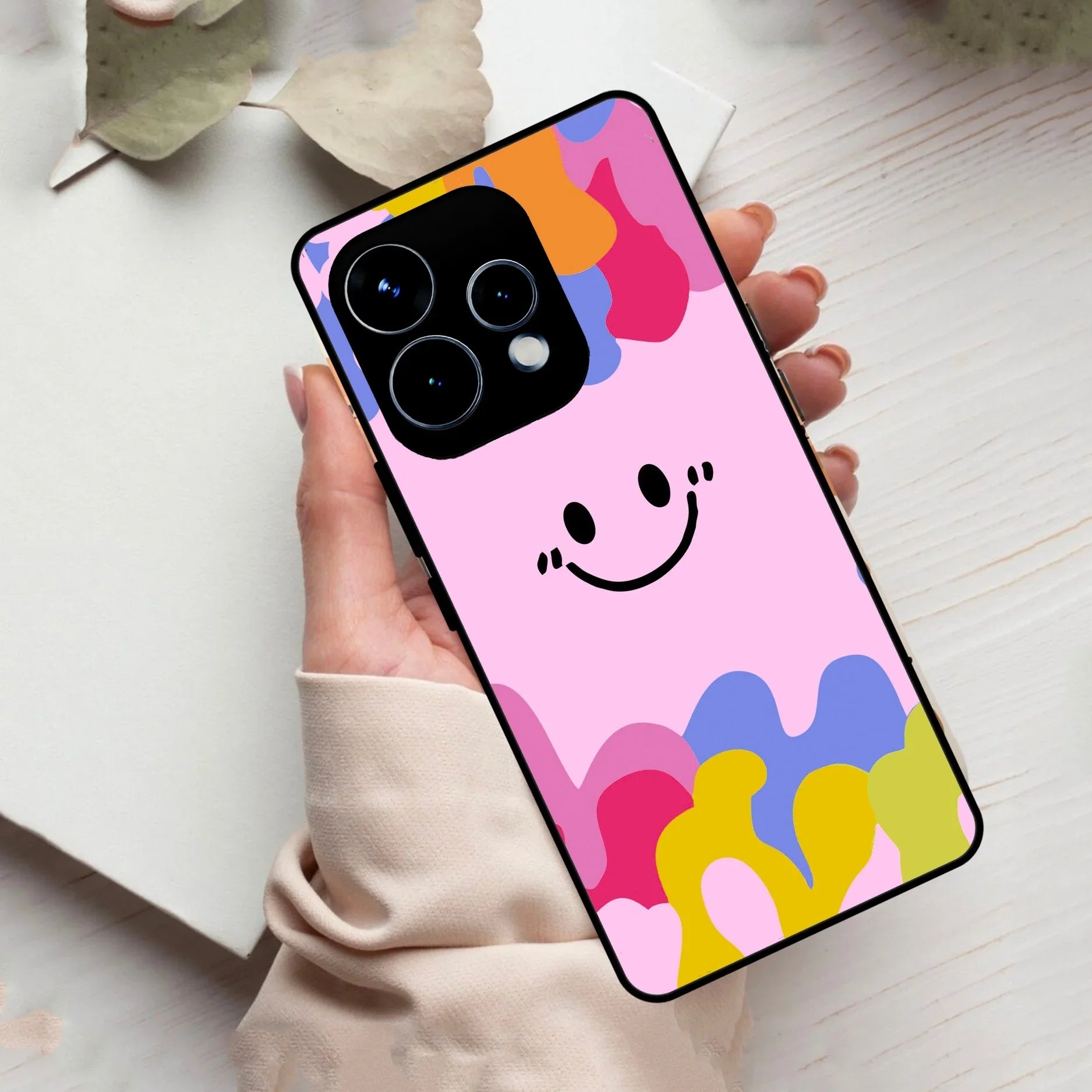 Cute Pink Smiley Multicolor Glass Case For Oppo