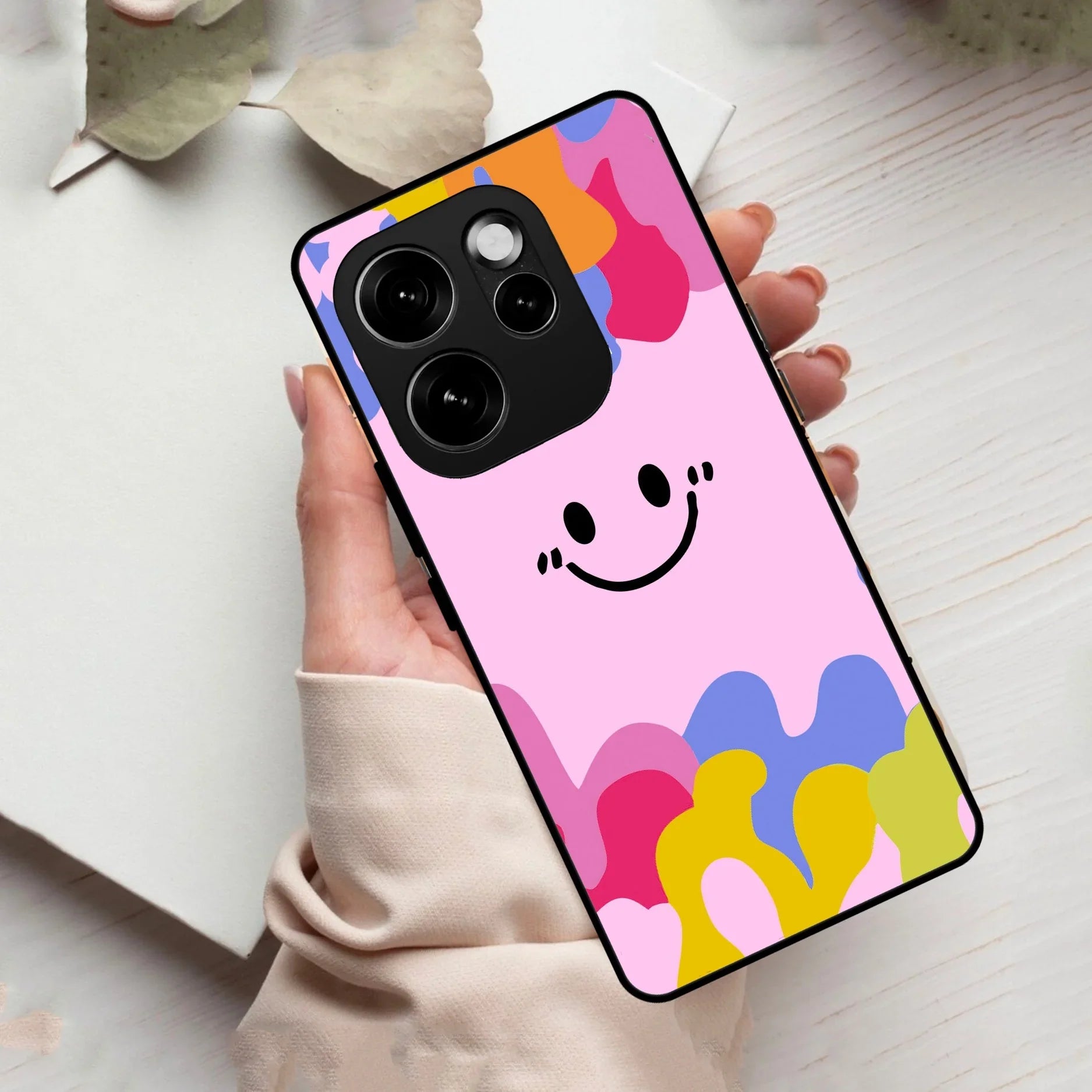 Cute Pink Smiley Multicolor Glass Case For Oppo