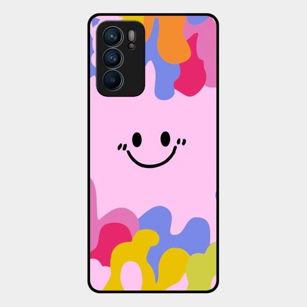 Cute Pink Smiley Multicolor Glass Case For Oppo Reno 6 5G