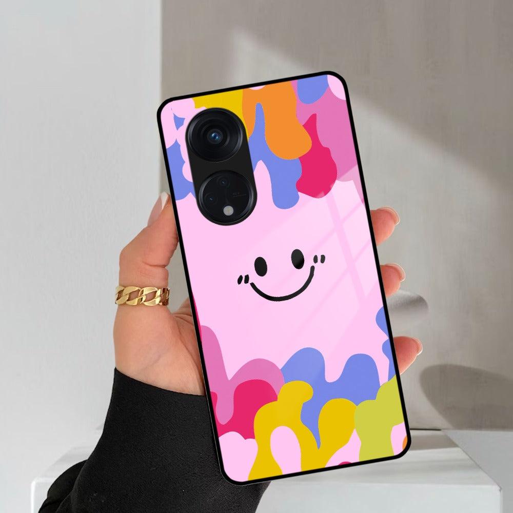 Cute Pink Smiley Multicolor Glass Case For Oppo