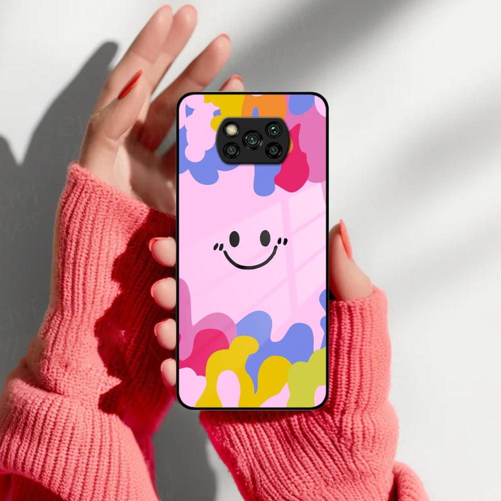 Cute Pink Smiley Multicolor Glass Case For Poco