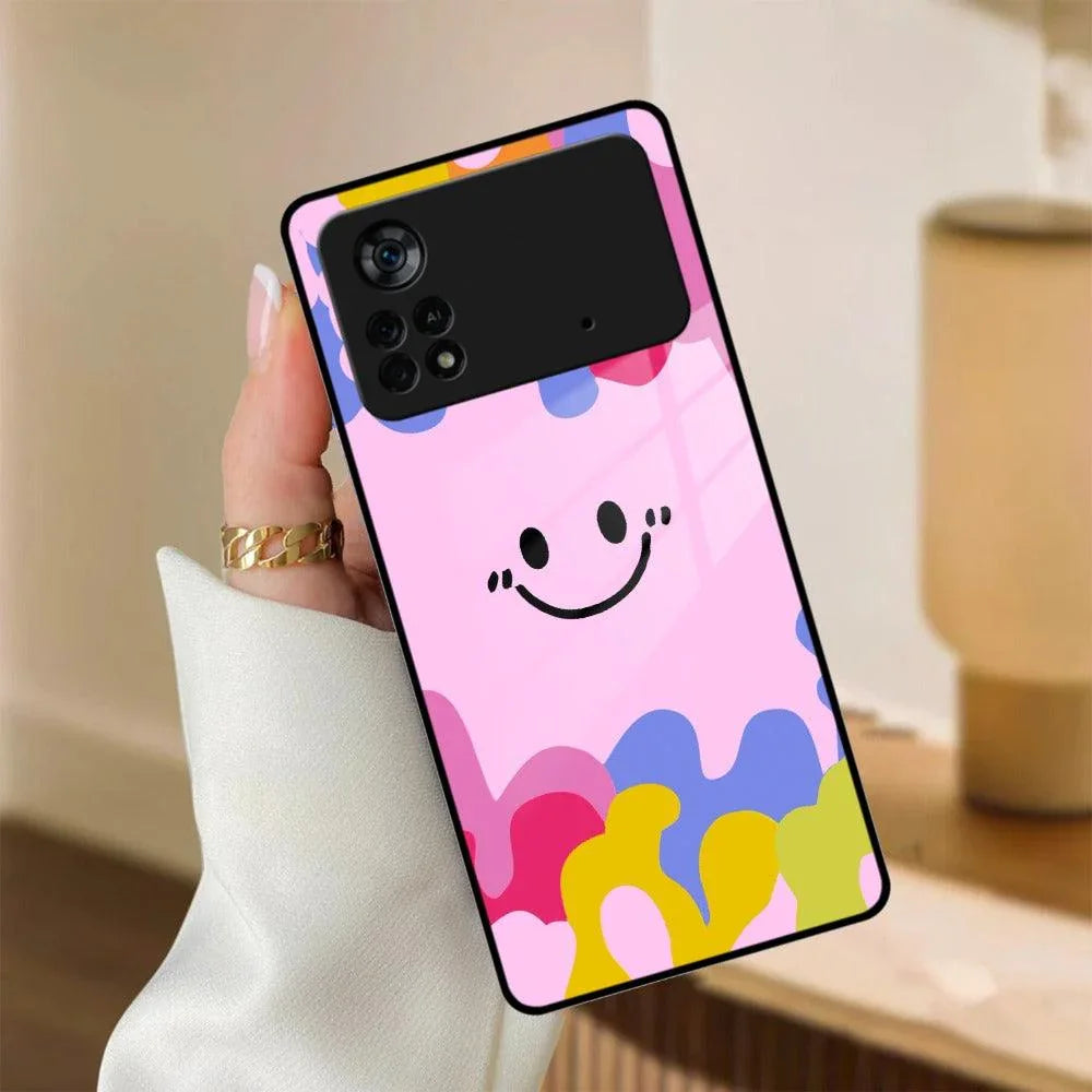 Cute Pink Smiley Multicolor Glass Case For Poco - ShopOnCliQ