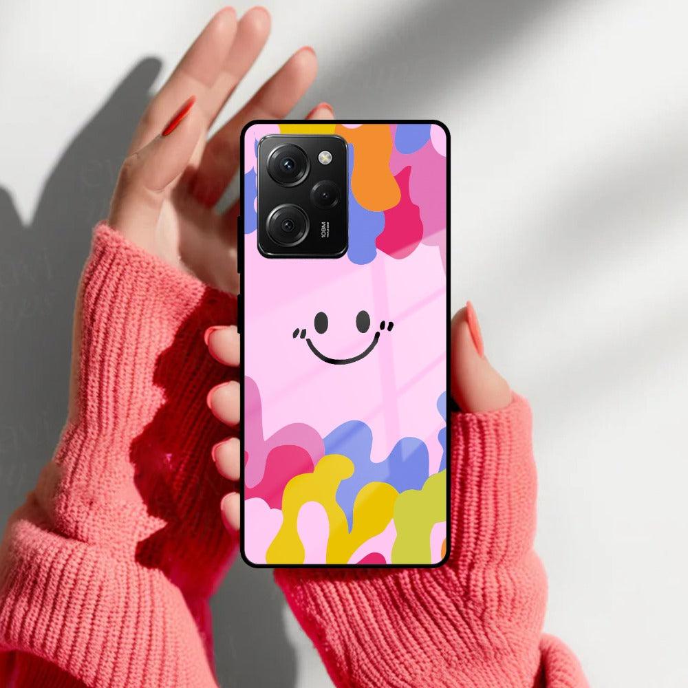 Cute Pink Smiley Multicolor Glass Case For Poco