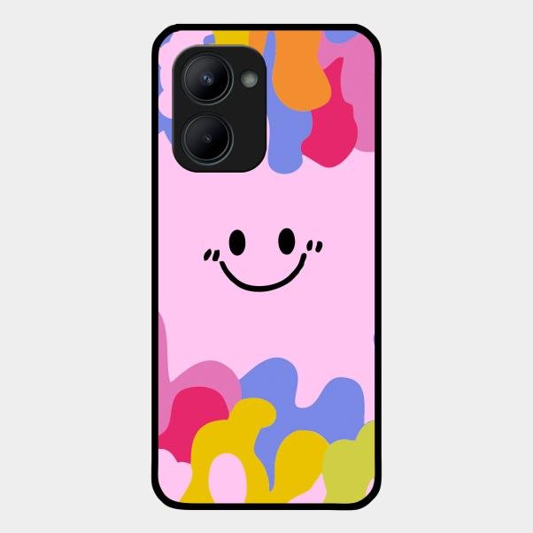 Cute Pink Smiley Multicolor Glass Case For Realme C33 2023