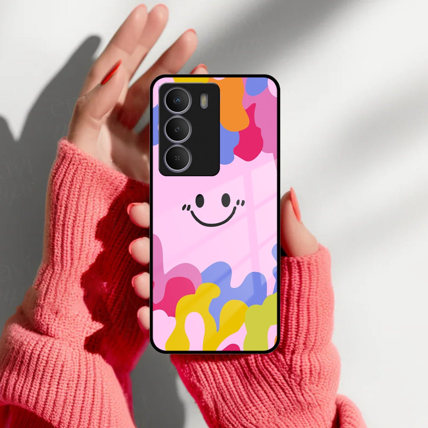 Cute Pink Smiley Multicolor Glass Case For Realme/Narzo