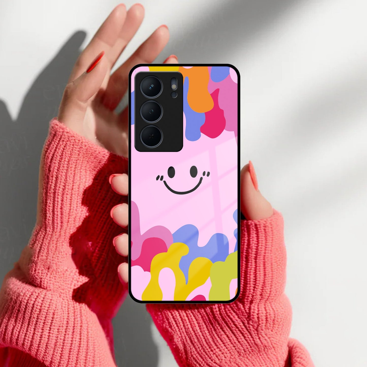 Cute Pink Smiley Multicolor Glass Case For Realme/Narzo