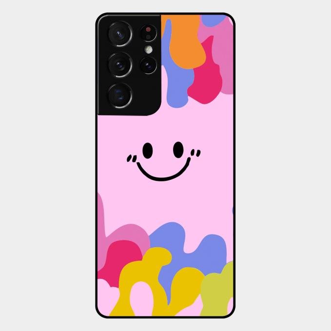 Cute Pink Smiley Multicolor Glass Case For Samsung Galaxy S21 Ultra
