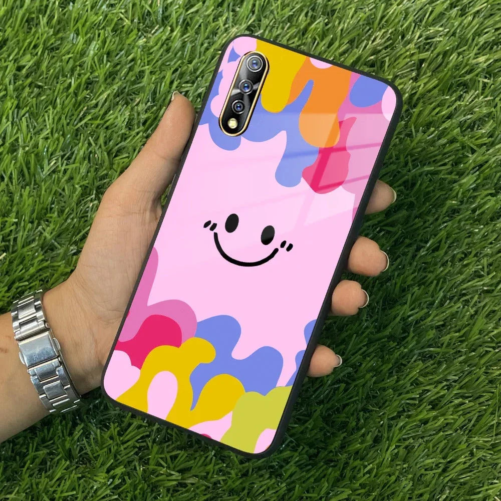 Cute Pink Smiley Multicolor Glass Case For Vivo - ShopOnCliQ