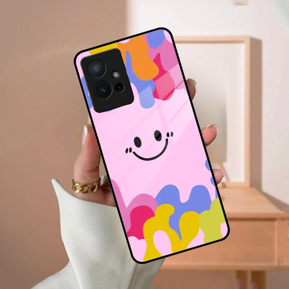 Cute Pink Smiley Multicolor Glass Case For Vivo - ShopOnCliQ