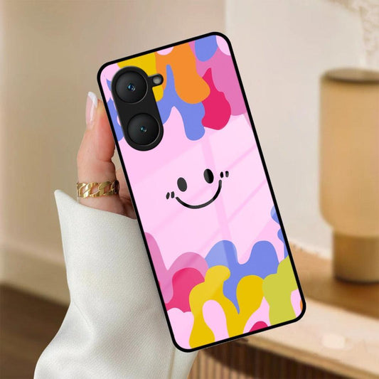 Cute Pink Smiley Multicolor Glass Case For iQOO