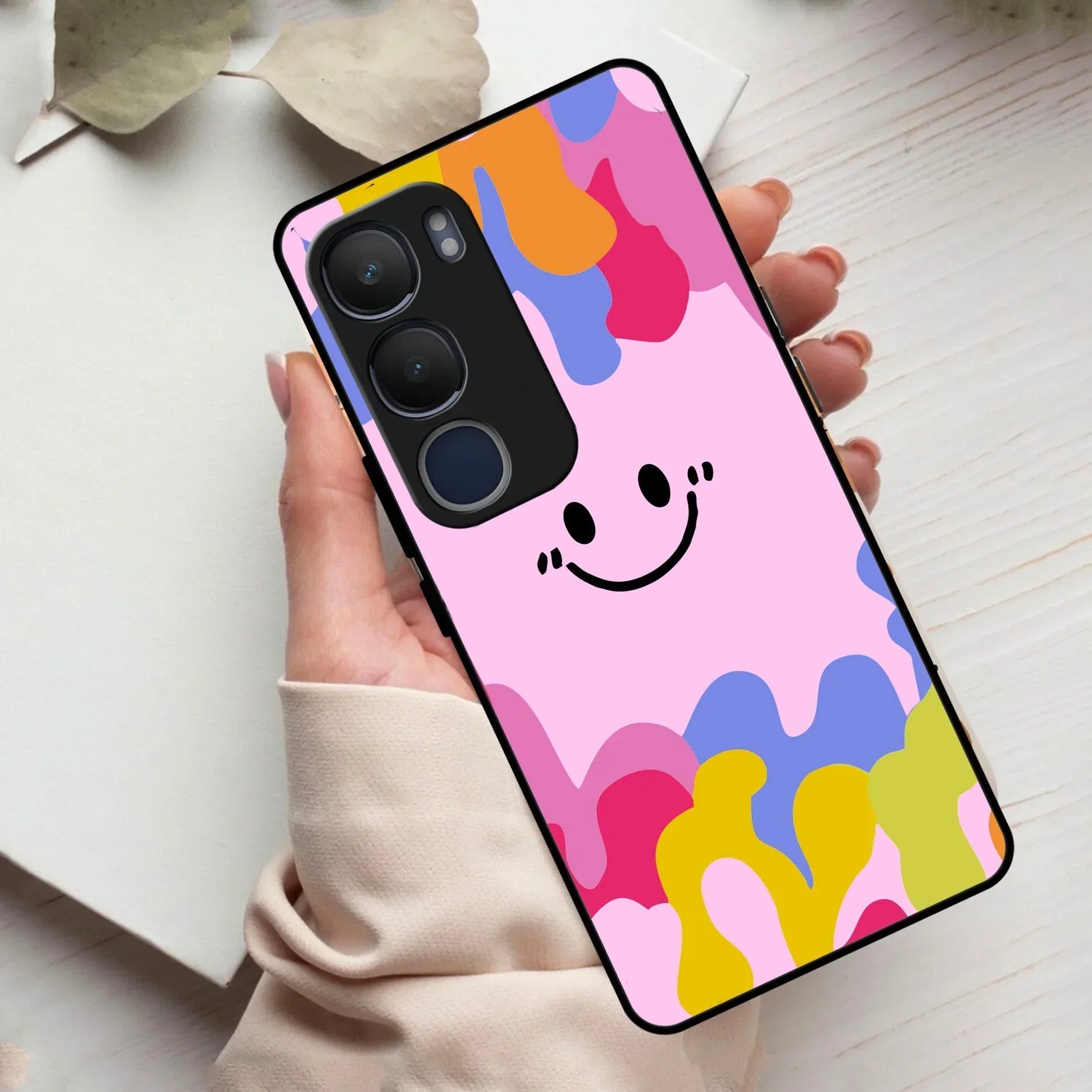 Cute Pink Smiley Multicolor Glass Case For Vivo - ShopOnCliQ
