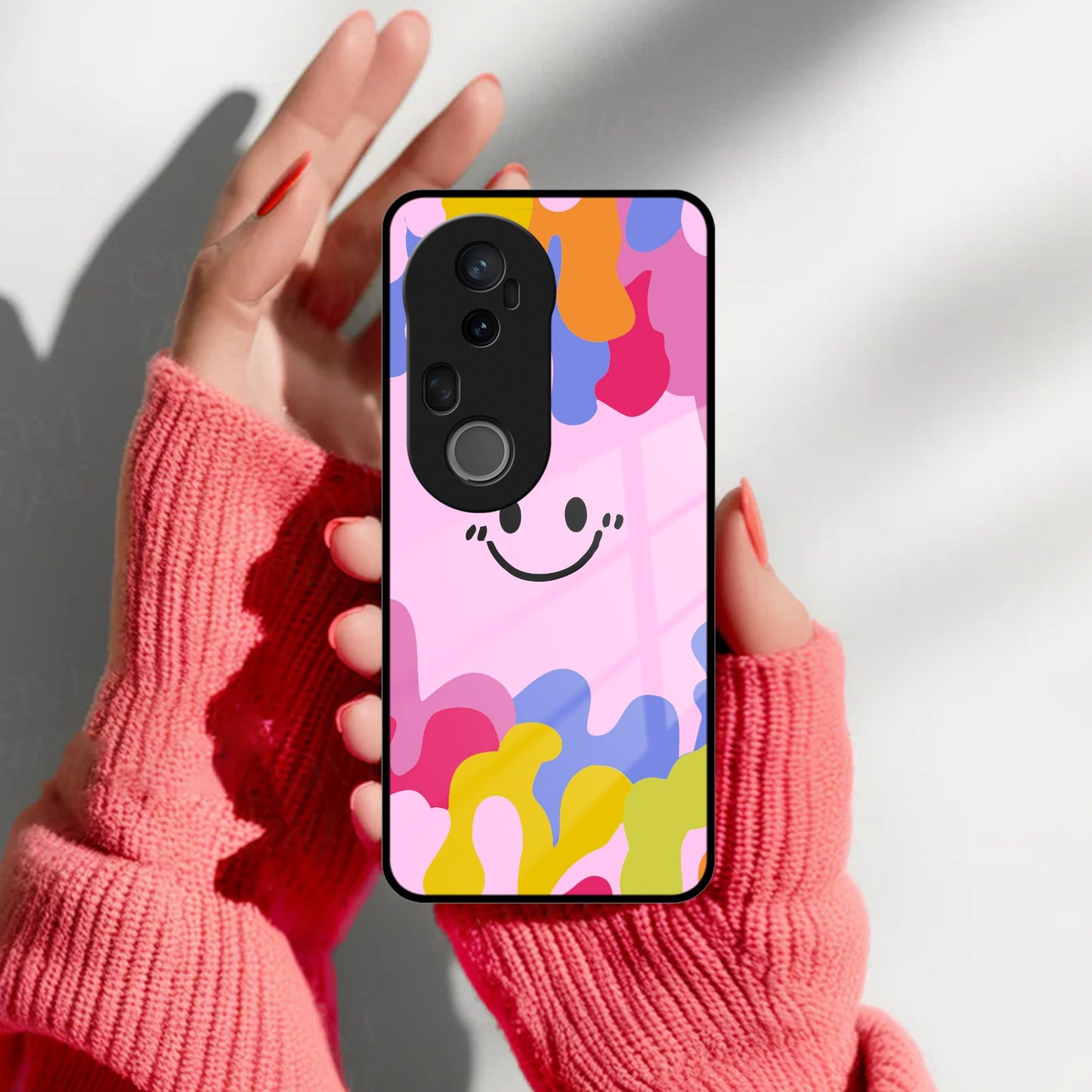 Cute Pink Smiley Multicolor Glass Case For Vivo