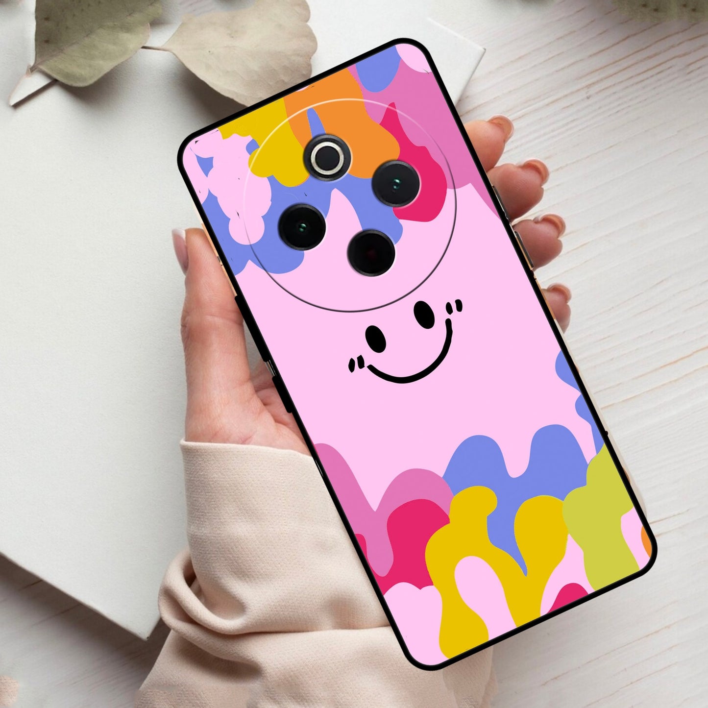 Cute Pink Smiley Multicolor Glass Case For Vivo
