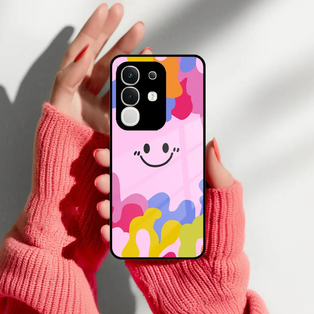 Cute Pink Smiley Multicolor Glass Case For Vivo - ShopOnCliQ