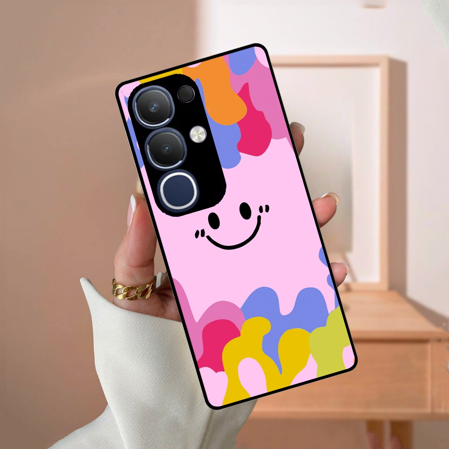 Cute Pink Smiley Multicolor Glass Case For Vivo