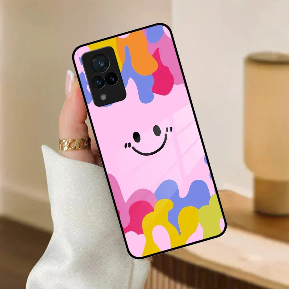 Cute Pink Smiley Multicolor Glass Case For Vivo - ShopOnCliQ