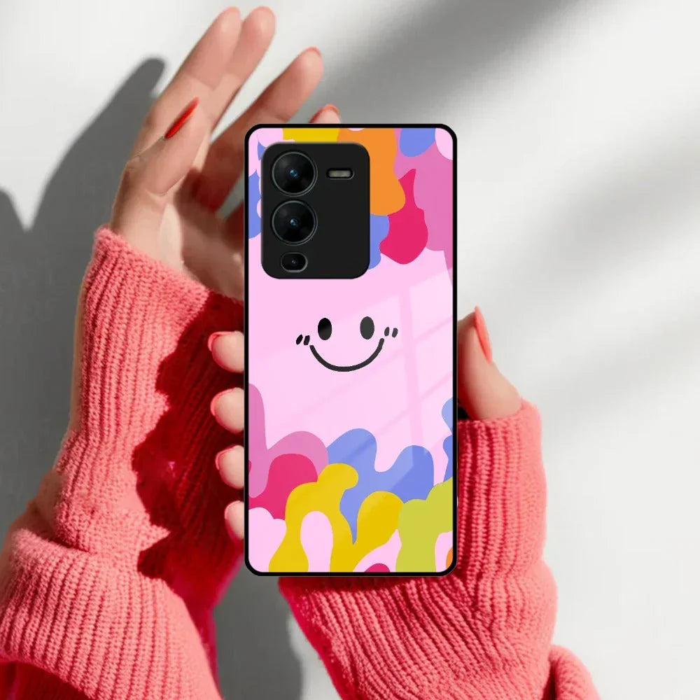Cute Pink Smiley Multicolor Glass Case For Vivo - ShopOnCliQ