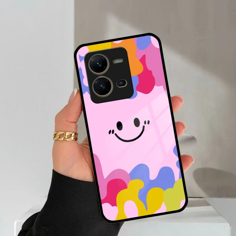 Cute Pink Smiley Multicolor Glass Case For Vivo - ShopOnCliQ