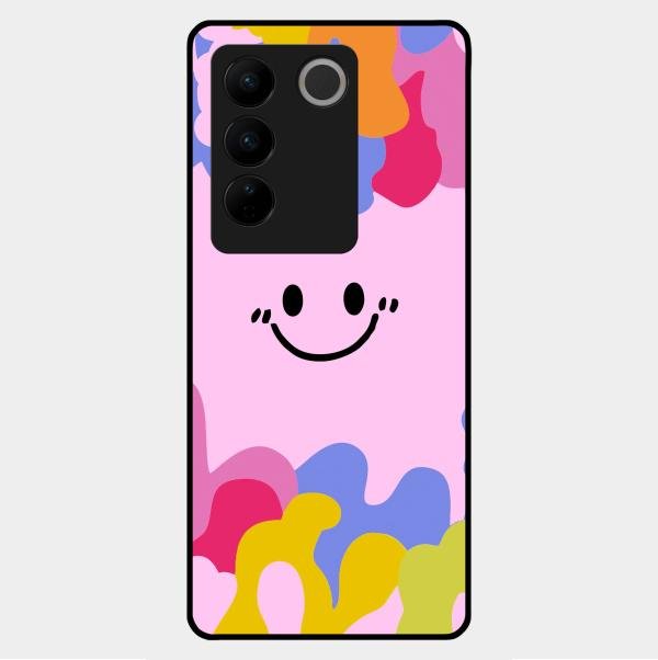 Cute Pink Smiley Multicolor Glass Case For Vivo V27 5G