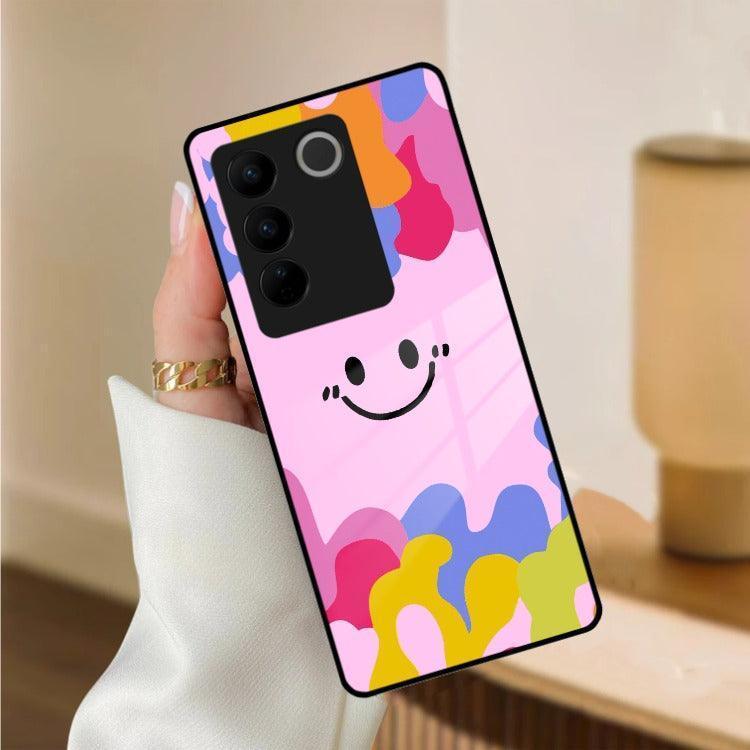 Cute Pink Smiley Multicolor Glass Case For Vivo - ShopOnCliQ