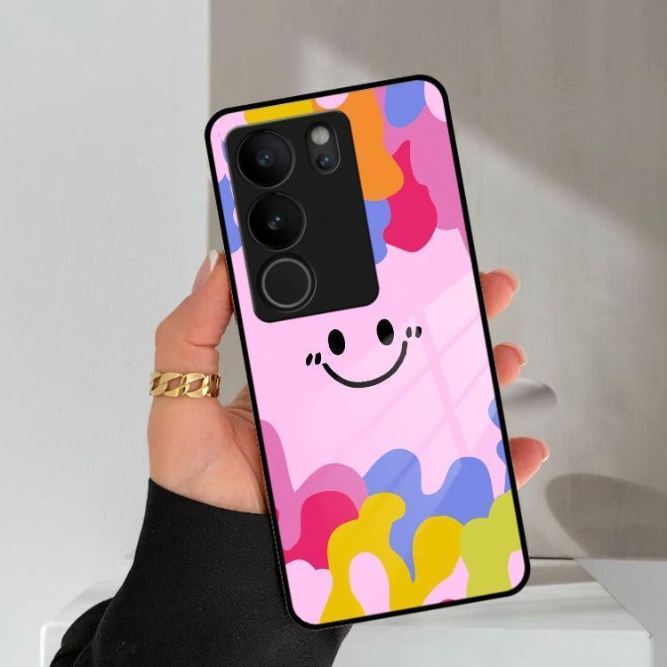Cute Pink Smiley Multicolor Glass Case For Vivo - ShopOnCliQ