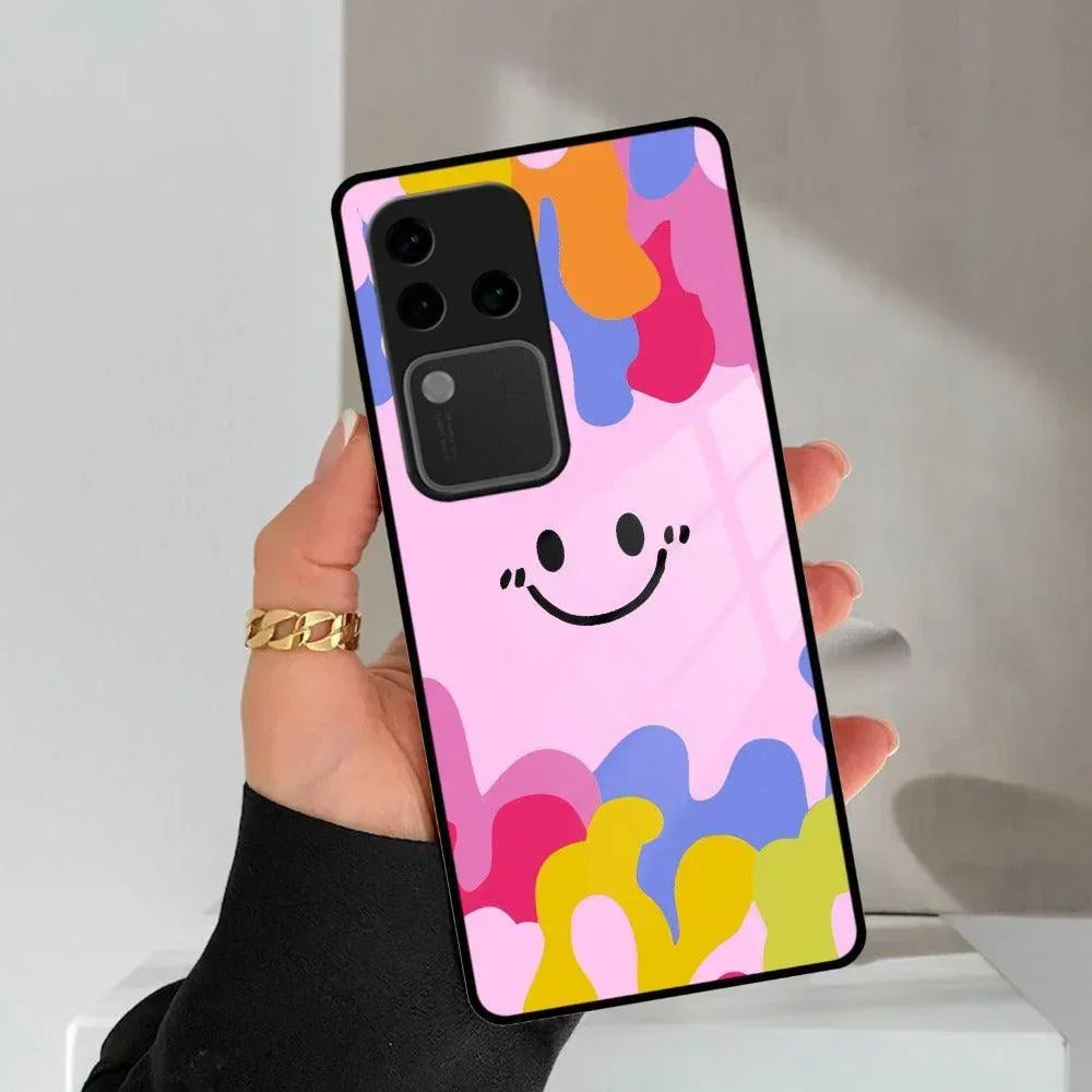 Cute Pink Smiley Multicolor Glass Case For Vivo - ShopOnCliQ