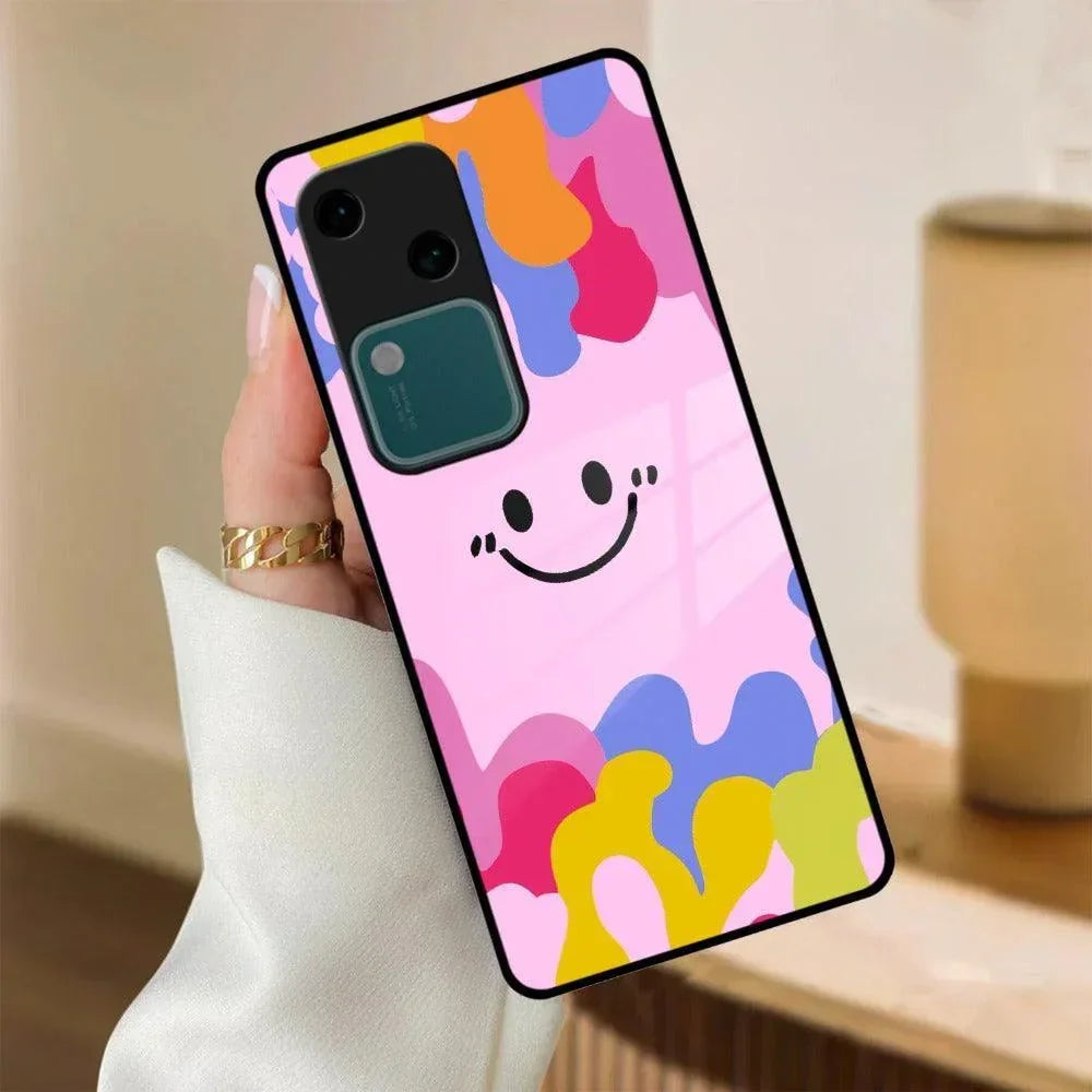 Cute Pink Smiley Multicolor Glass Case For Vivo - ShopOnCliQ