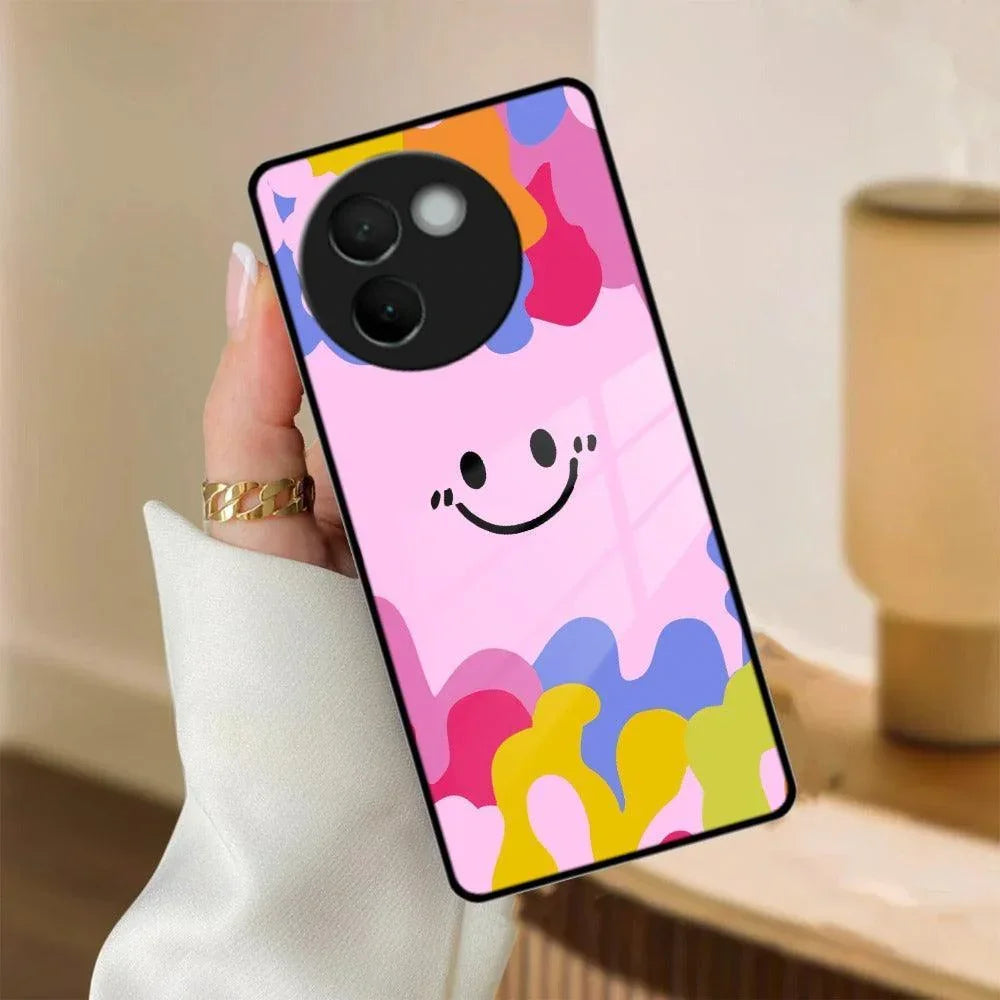 Cute Pink Smiley Multicolor Glass Case For Vivo - ShopOnCliQ