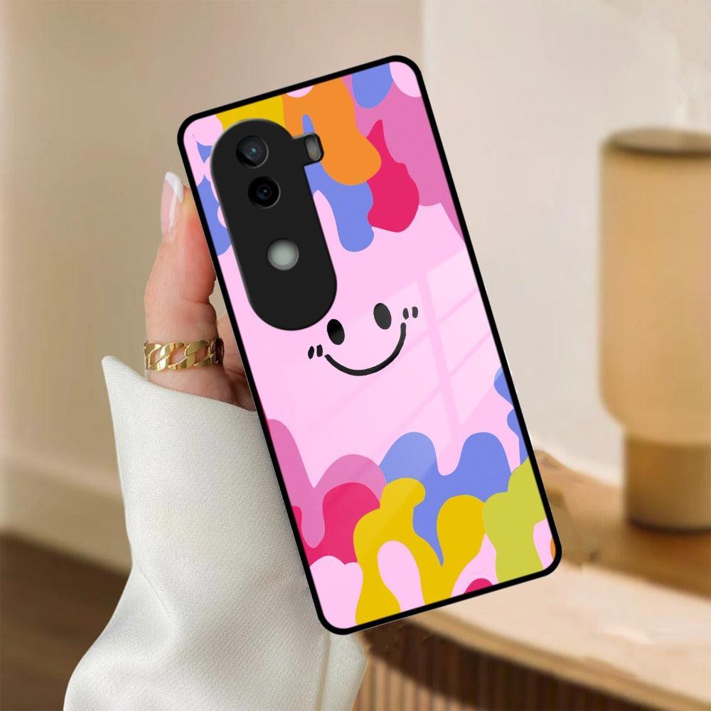 Cute Pink Smiley Multicolor Glass Case For iQOO